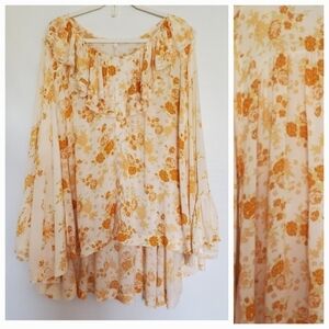 FREE PEOPLE 'LORETTA' TEA COMBO BLOUSE WOMEN SZ SMALL OVERSIZE FLORAL ORANGE